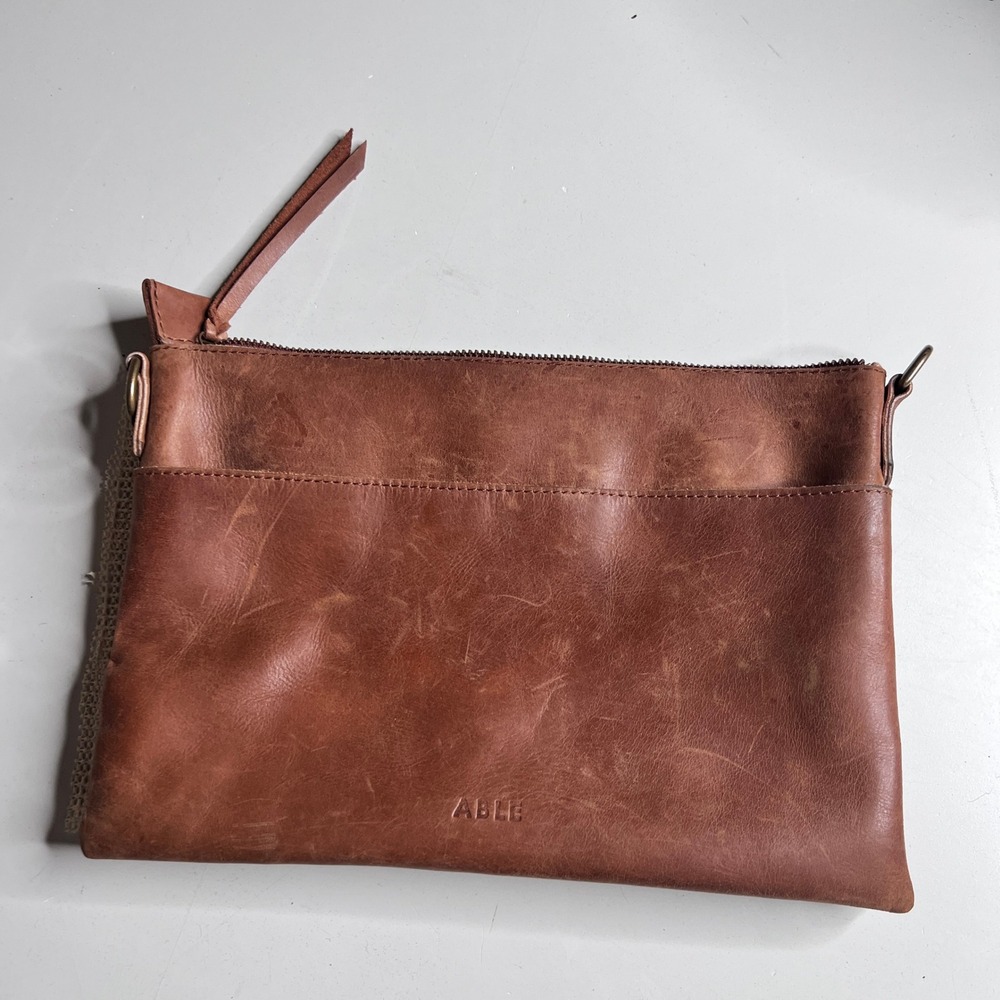 ABLE Cognac Brown Distressed Leather Zipper Clutch Pouch Handbag Handmade